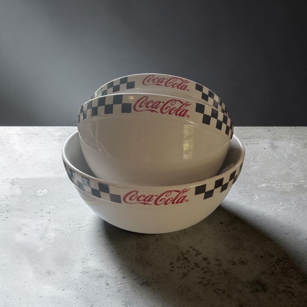 Coca-Cola Gibson Ceramic Nesting Mixing Bowls Set of 3 Checkered Retro 2002